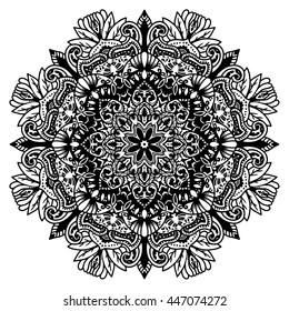 Beautiful Vector Mandala. Black drawing isolated on white. Design for coloring book page for kids and adults. Patterned Design Element. Zentangle style