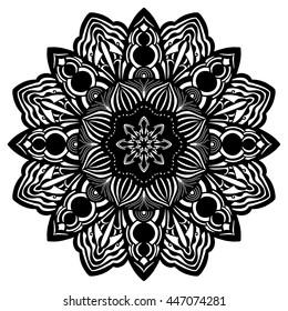 Beautiful Vector Mandala. Black drawing isolated on white. Design for coloring book page for kids and adults. Patterned Design Element. Zentangle style