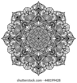 Beautiful Vector Mandala. Black drawing isolated on white. Design for coloring book page for kids and adults. Patterned Design Element. Zentangle style