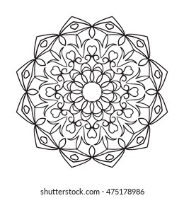 Beautiful Vector Mandala. Black drawing isolated on white. Design for coloring book page for kids and adults. Patterned Design Element. Zentangle style