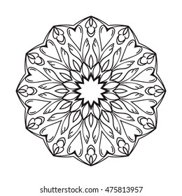 Beautiful Vector Mandala. Black drawing isolated on white. Design for coloring book page for kids and adults. Patterned Design Element. Zentangle style