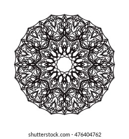 Beautiful Vector Mandala. Black drawing isolated on white. Design for coloring book page for kids and adults. Patterned Design Element. Zentangle style