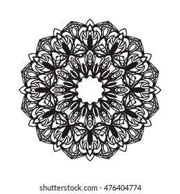 Beautiful Vector Mandala. Black drawing isolated on white. Design for coloring book page for kids and adults. Patterned Design Element. Zentangle style