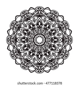Beautiful Vector Mandala. Black drawing isolated on white. Design for coloring book page for kids and adults. Patterned Design Element. Zentangle style