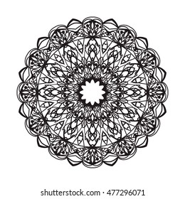 Beautiful Vector Mandala. Black drawing isolated on white. Design for coloring book page for kids and adults. Patterned Design Element. Zentangle style