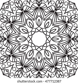 Beautiful Vector Mandala. Black drawing isolated on white. Design for coloring book page for kids and adults. Patterned Design Element.