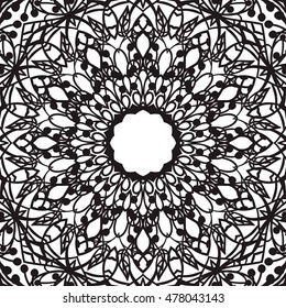 Beautiful Vector Mandala. Black drawing isolated on white. Design for coloring book page for kids and adults. Patterned Design Element.