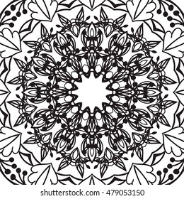 Beautiful Vector Mandala. Black drawing isolated on white. Design for coloring book page for kids and adults. Patterned Design Element. Zentangle style