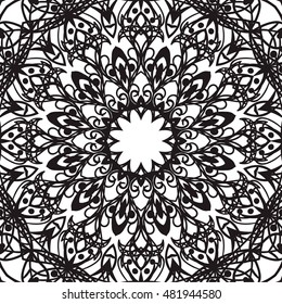 Beautiful Vector Mandala. Black drawing isolated on white. Design for coloring book page for kids and adults. Patterned Design Element. Zentangle style