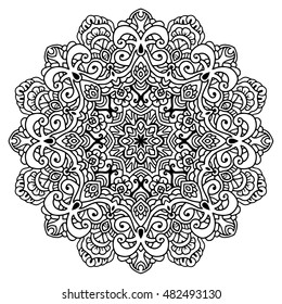 Beautiful Vector Mandala. Black drawing isolated on white. Design for coloring book page for kids and adults.