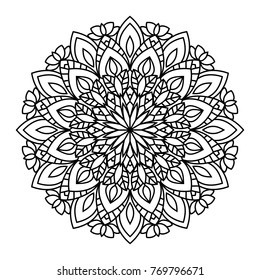 Beautiful Vector Mandala. Black drawing isolated on white. Design for coloring book page for kids and adults. Patterned Design Element.