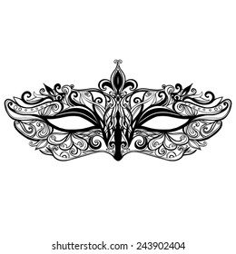 Beautiful vector mask illustration isolated on white background. Elegant and ornate carnival mask with swirls and lace. Black and white.