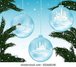 Beautiful vector merry Christmas background with fir-tree branches, snowflakes and three glass Christmas balls