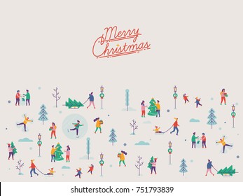 Beautiful vector 'Merry Christmas' background with abstract winter season outdoors leisure activities, people enjoying playing in snow, festive shopping, decorating trees, ice skating, etc.