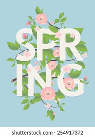 Beautiful vector modern web banner template with lettering on spring season decorated with young leaves and blossom flowers