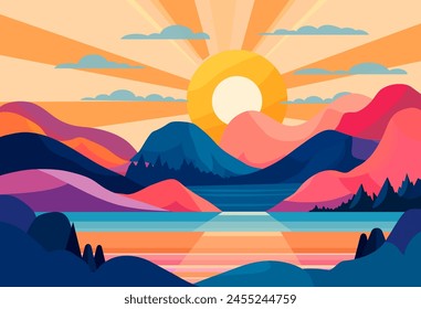 Hermoso Vector montañoso con un gran sol en el cielo. El sol brilla y llena las montañas y el lago de luz cálida. El lugar es tranquilo y sereno, con montañas.