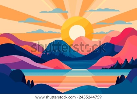 Beautiful vector mountain landscape with a big sun in the sky. The sun shines brightly and fills the mountains and lake with warm light. The scene is peaceful and serene, with mountains.