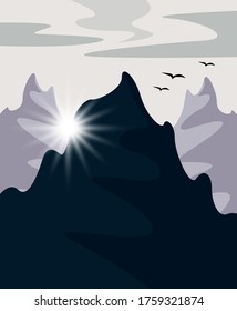 beautiful vector mountain landscape at dawn in gray colors with birds