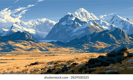 Beautiful Vector Mountain Landscape with Snow-Capped Peaks and Golden Valley