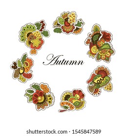 Beautiful vector multi-colored autumn frame on a white background, drawn by hand, from the elements of flowers, berries and leaves. Maple, maple seeds, sunflower, mushrooms, peas, garden.