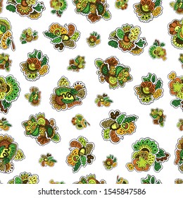 Beautiful vector multi-colored autumn seamless pattern on a white background, drawn by hand, from the elements of flowers, berries and leaves. Maple, maple seeds, sunflower, mushrooms, peas, garden.

