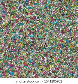 Beautiful vector multicolored hand-drawn seamless pattern, from elements of flowers, berries and leaves.