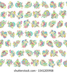 Beautiful vector multicolored hand-drawn seamless pattern, from elements of flowers, berries and leaves.