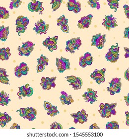 Beautiful vector multicolored hand-drawn seamless pattern, from elements of flowers, berries and leaves.