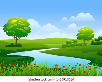 beautiful vector nature landscape with flowers and river