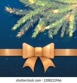 Beautiful vector new year design. Realistic fir tree branches and silk golden ribbon and bow on dark blue background with bokeh and shining stars. Luxury New Year and Xmas postcard.