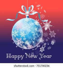 Beautiful vector New Years ball on a colorful background with snowflakes