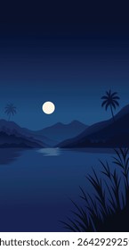 A beautiful vector night landscape featuring a full moon, tropical trees, mountains, and a calm lake. Perfect for nature, travel, and scenic background design projects.