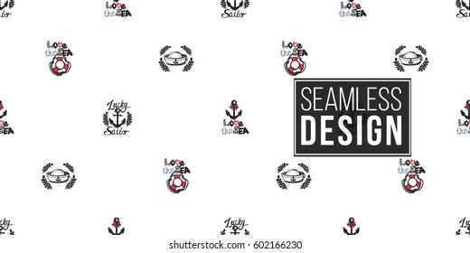 Beautiful vector ocean fashion sketch. Hand drawn lucky anchor, love sea lifebuoy, love sea anchor, sailor hat. Artistic cartoon sea baby seamless pattern in retro style.