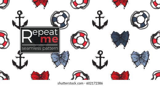 Beautiful vector ocean fashion sketch. Hand drawn buoy, lifebuoy, anchor, blue bow, bow, red bow. Artistic cartoon sea baby seamless pattern in retro style. Isolated elements on white background.