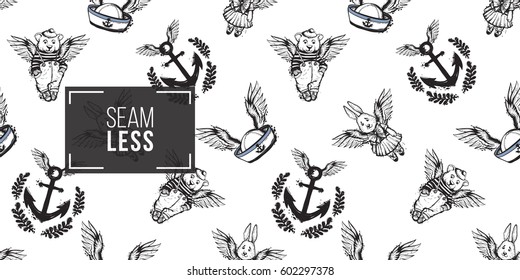 Beautiful vector ocean fashion sketch. Hand drawn flying sailor hat, angel rabbit, angel bear, flying laurel anchor. Artistic cartoon sea baby seamless pattern in retro style.