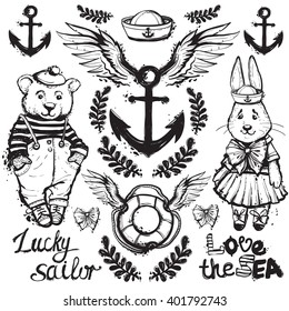Beautiful vector ocean kids fashion elements set. Hand drawn graphic rabbit sailor, bear love sea sign, animals anchor bow lifebuoy hat laurel emblem angel wings. Isolated elements on white background