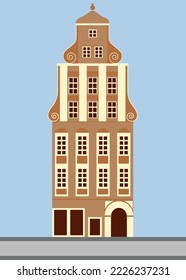 Beautiful vector of old brown house, retro victorian style building facade. European house in a flat, cartoon style. Netherlands Amsterdam architecture.