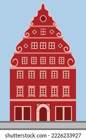 Beautiful vector of old red house, retro victorian style building facade. European house in a flat, cartoon style. Netherlands Amsterdam architecture.