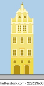 Beautiful vector of old yellow house, retro victorian style building facade. European house in a flat, cartoon style. Netherlands Amsterdam architecture.