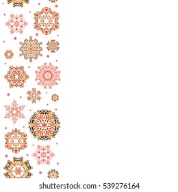 Beautiful vector orange, pink and red snowflakes isolated on a white background. Vertical illustration. Snowflakes, snowfall. Falling Christmas stylized snowflakes with place for your text.