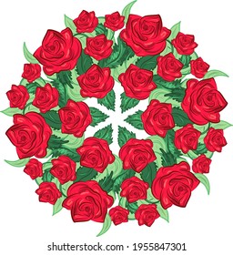 Hermoso adorno vectorial con rosas rojas y hojas verdes