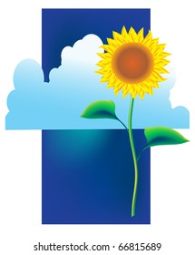 The beautiful  vector painted yellow sunflower on blue gradient sky and background