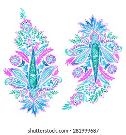 beautiful vector paisley motifs, with ornamental and floral details, drawn in watercolor, isolated on white.