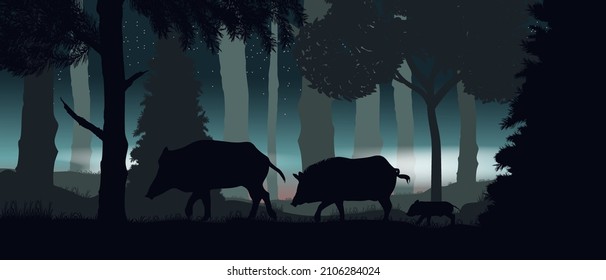 Schönes Vektorpanorama. Familie Boar. Wald.