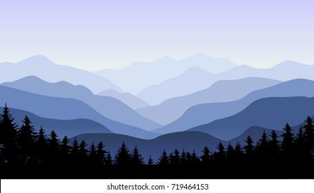 A beautiful vector panoramic illustration landscape of blue hills and forests and misty mountains.