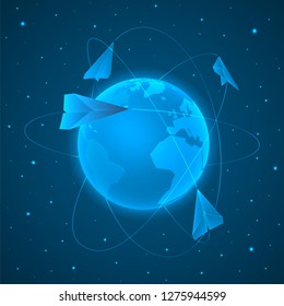 Beautiful vector of paper planes flying around Planet Earth with blue space in the background depicting technology and globality.