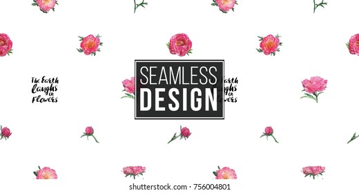 Beautiful vector patch embroidery in watercolor style. Peony and rose flowers, bulbs and quote inscriptions: the Earth laughs in flowers on white wallpaper background. Floral seamless pattern.