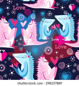 Beautiful vector pattern of amusing multi-colored monsters in love