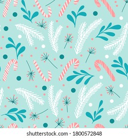 beautiful vector pattern for christmas. festive ornament from different winter branches, circles, caramel canes. New Year celebration. blue tones