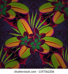 Beautiful vector pattern for decoration or design. Exquisite pattern of plumeria flower. Watercolor seamless pattern with plumeria flowers in purple, violet, green colors. Vintage style trendy print.
